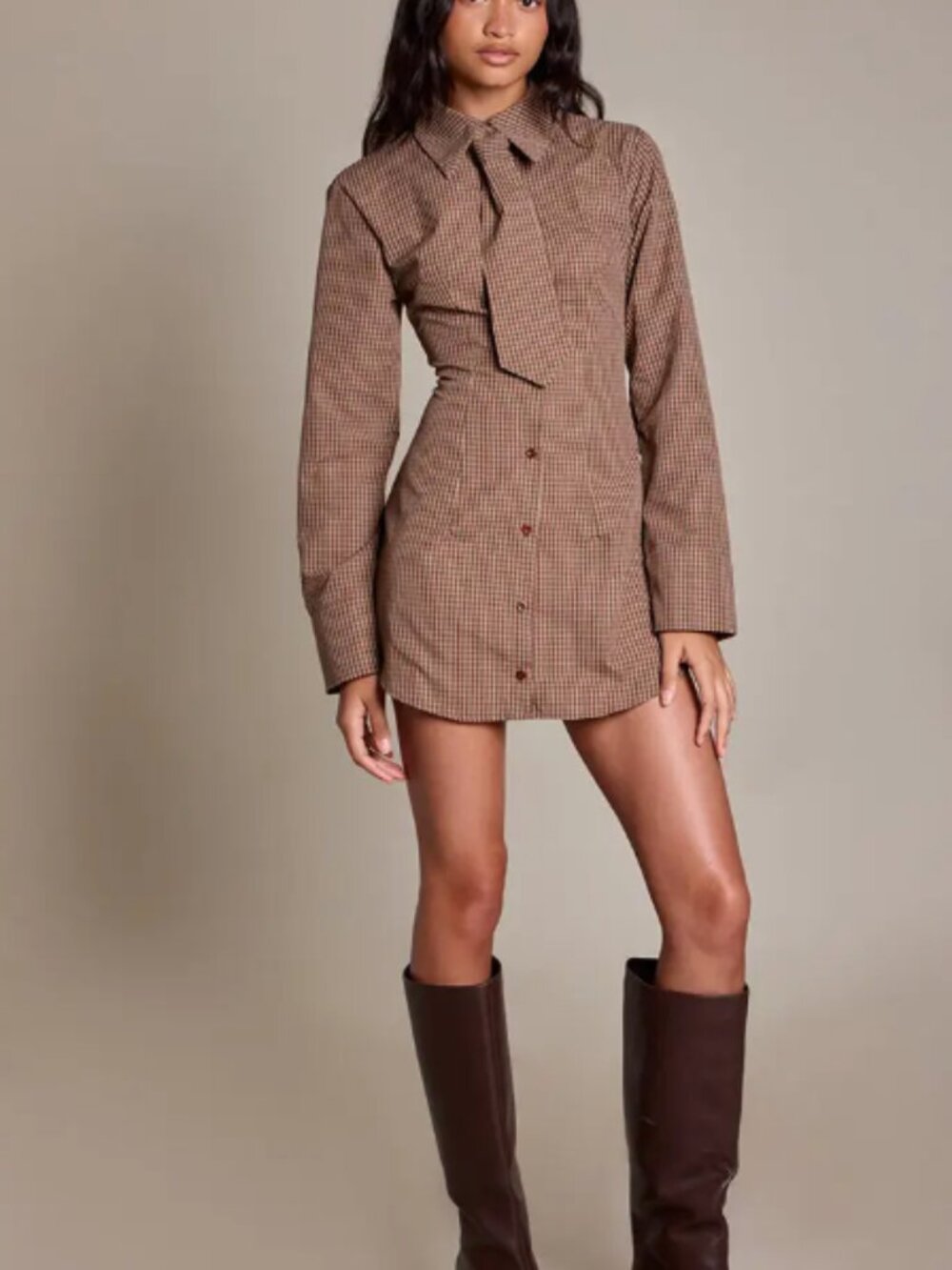 Pinstripe Tie Detail Button Down Shirt Dress - Brown, US Size 4